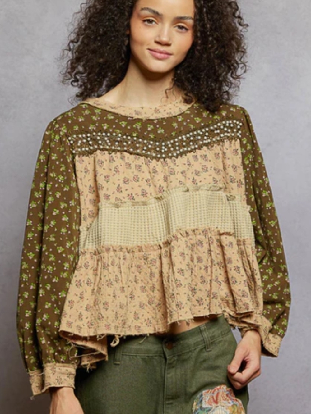 POL Olive and Cream Boho Patchwork Pearl-Trim Blouse - Picture 4 of 5